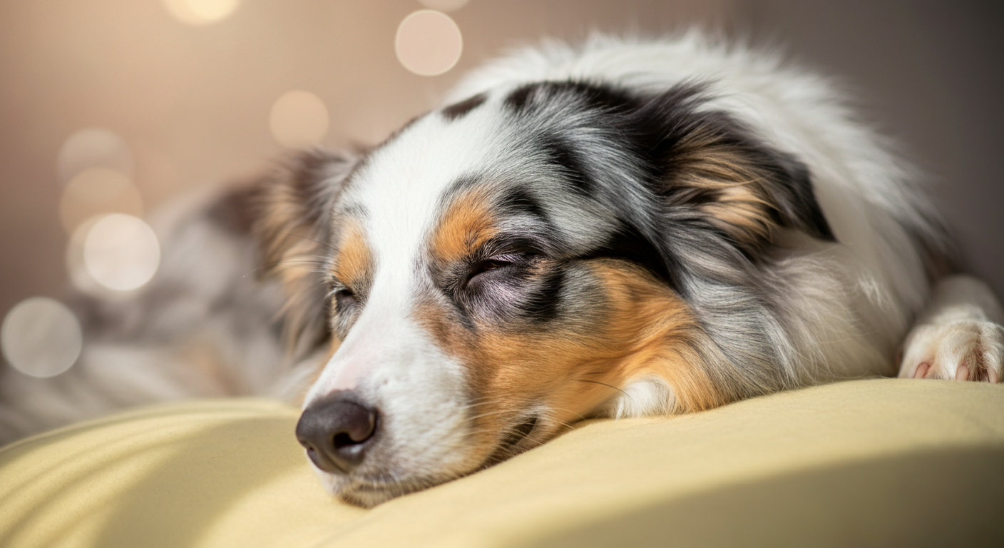 パステルイエローのブランケットの上で、満足そうに眠っているボーダーコリーのクローズアップ。