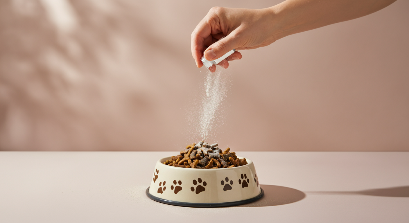 フードボウルに乳酸菌の粉末サプリメントを振りかけている様子の抽象的な写真。