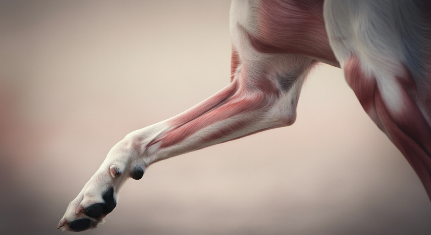 走っている一匹の犬の脚の力強い筋肉の輪郭を捉えた、ダイナミックで抽象的な写真。
