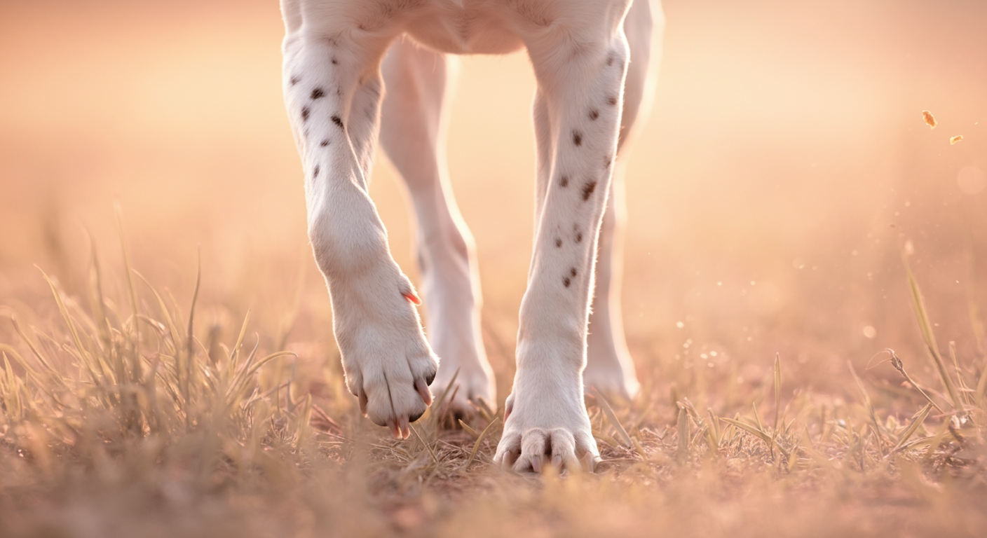 草むらを歩いている犬の足元。自然との触れ合いを表現した、パステルカラーのミニマルな写真。