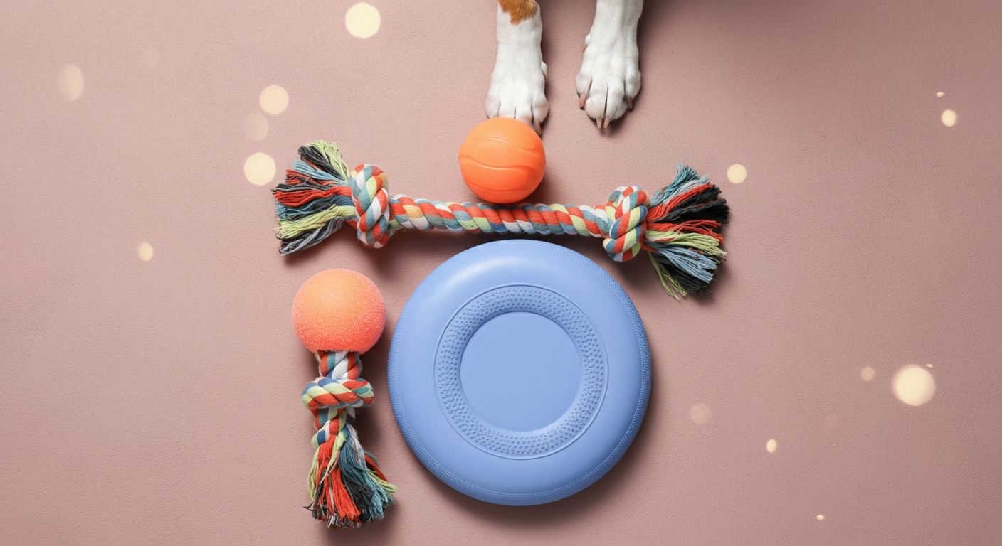 丈夫なゴム製のフリスビー、ロープ、ボールが綺麗に並べられている