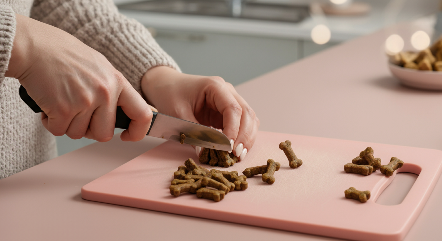 パステルカラーのまな板の上で、犬用トリーツをトレーニング用に小さくカットしている様子のクローズアップ写真。