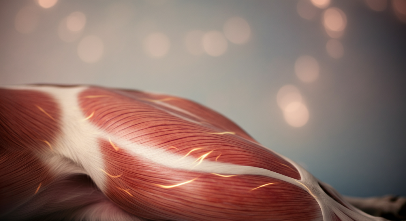 犬の脚の筋肉を抽象的に捉えた写真。光の線が筋肉の動きを表現している。