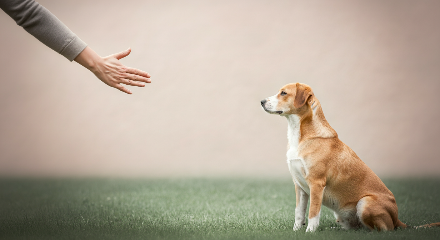 ドッグランの芝生の上で、飼い主の「待て」のハンドサインを静かに見つめる一匹の犬。