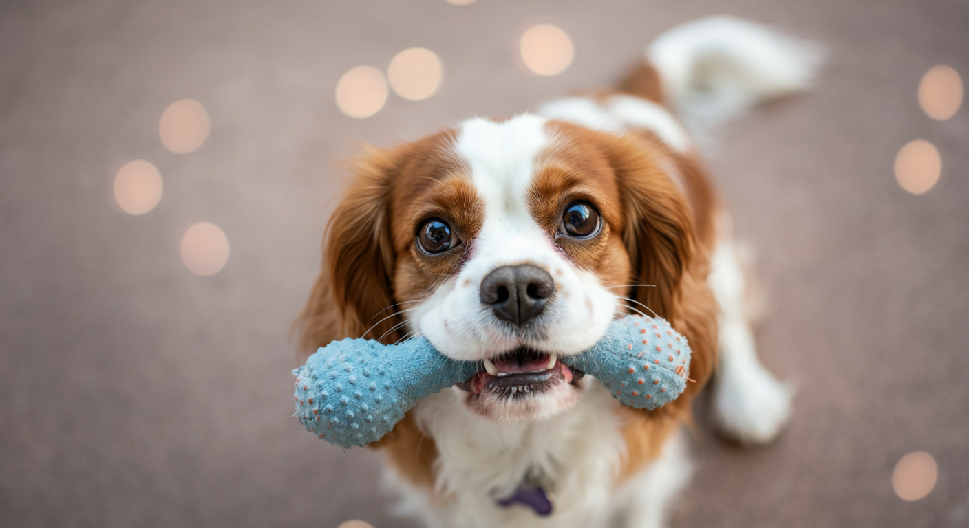 おもちゃを口にくわえて飼い主を見上げる犬