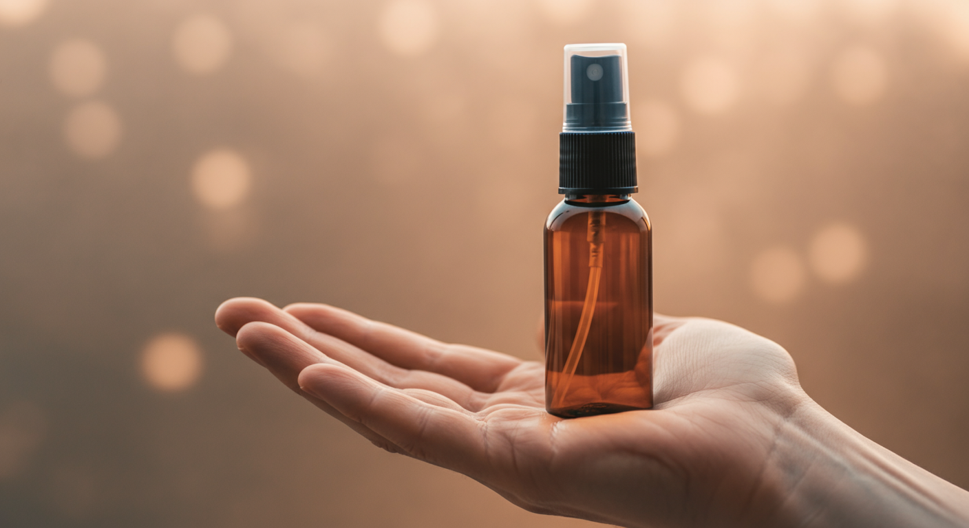 パステルカラーのミニマルな写真。差し出された手のひらの上に、携帯用の小さな消臭スプレーが乗っている。