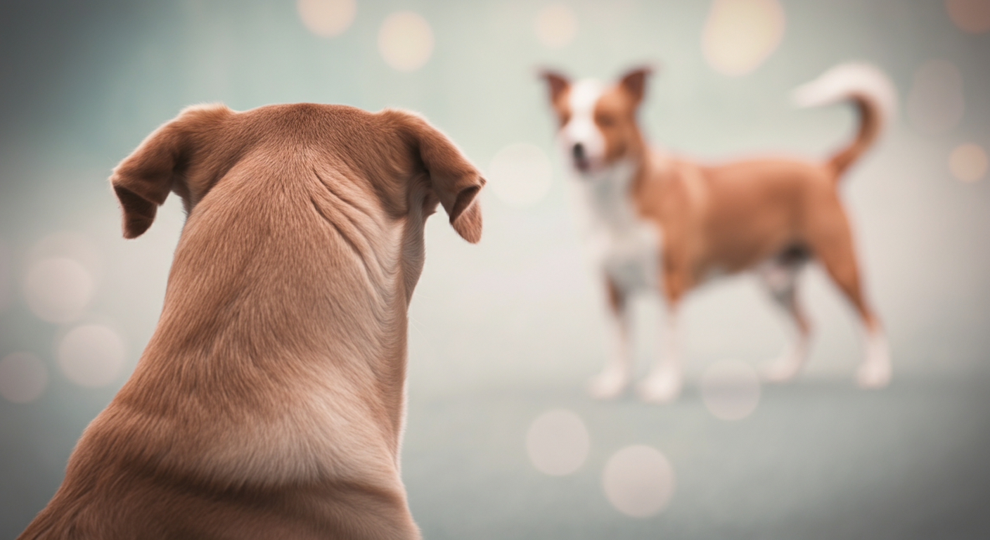 ドッグランで落ち着いて座り、遠くで遊ぶ他の犬を静かに眺めている犬の後ろ姿の写真。