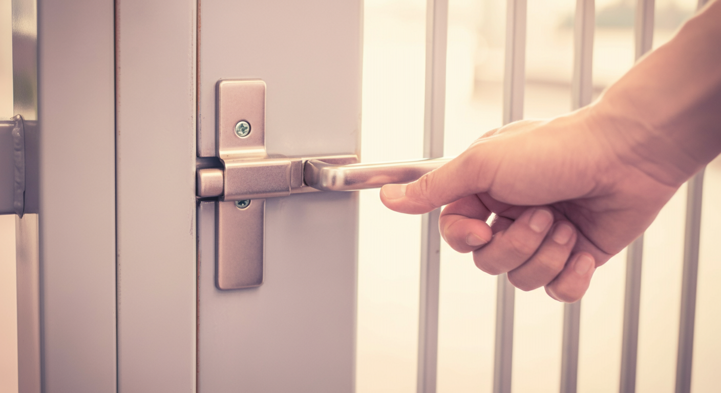 ドッグランのゲートの掛け金に、飼い主が手をかけて開けようとしている瞬間の、安全手順を象徴する写真。