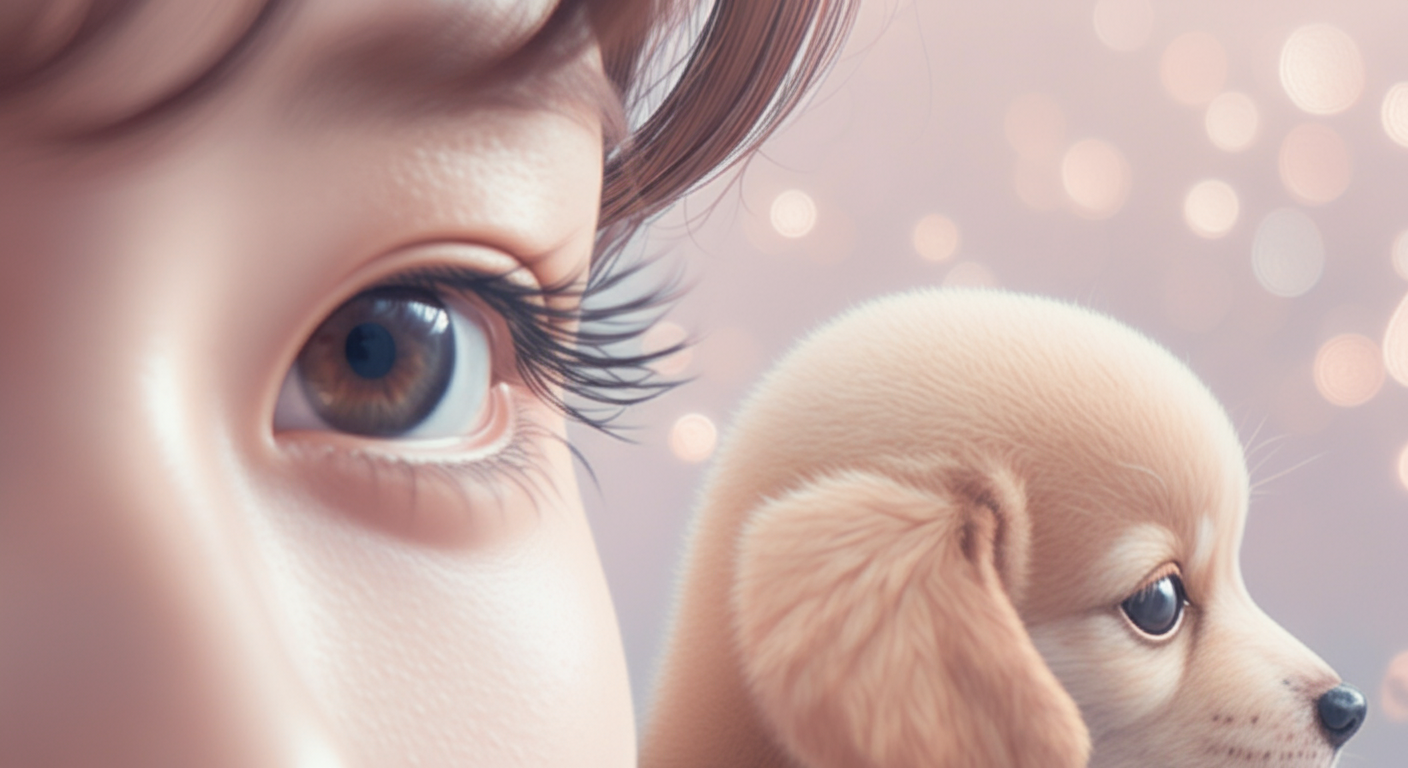 愛犬のことを見守っている飼い主の優しい眼差しのクローズアップ。犬のシルエットが手前にぼけて写っている。