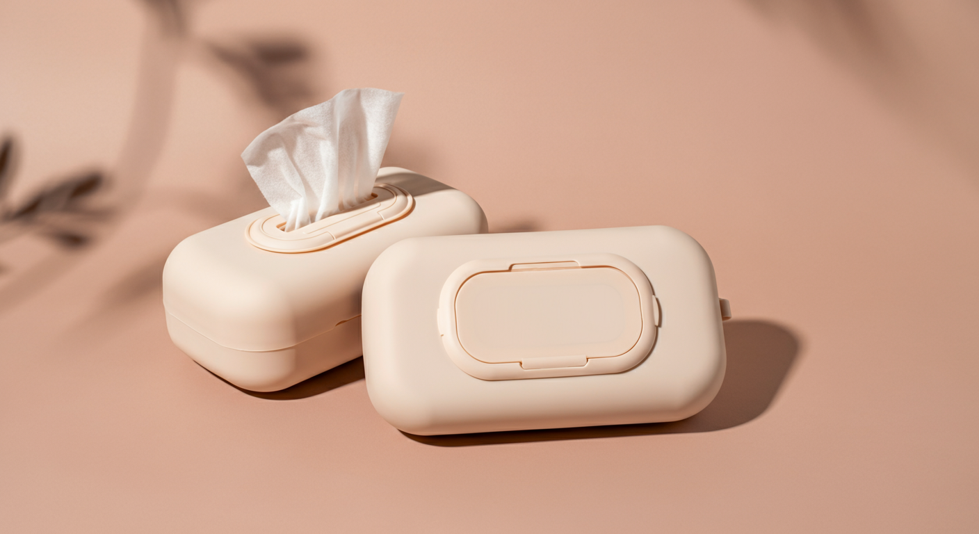 おしゃれなウェットティッシュケースと、大容量の詰め替えパック。経済的で賢い消費スタイルを象徴。