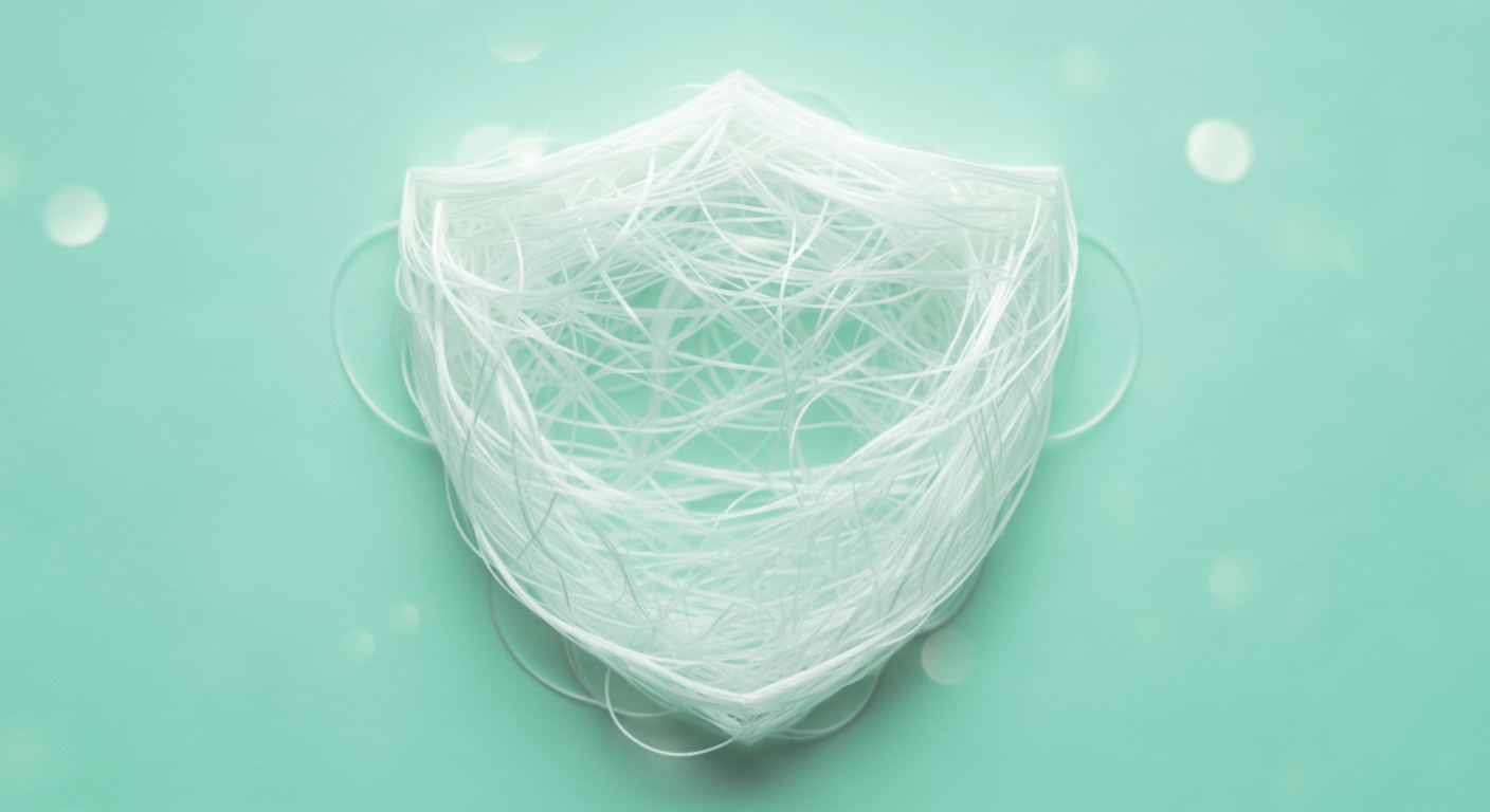 健康的な腸のバリア機能を象徴する、盾のような模様を形成する絡み合った繊維の抽象的なマクロ写真。