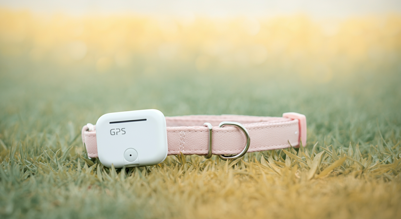 パステルピンクの首輪につけられた、ミニマルなデザインの白いGPSトラッカーのクローズアップ写真。