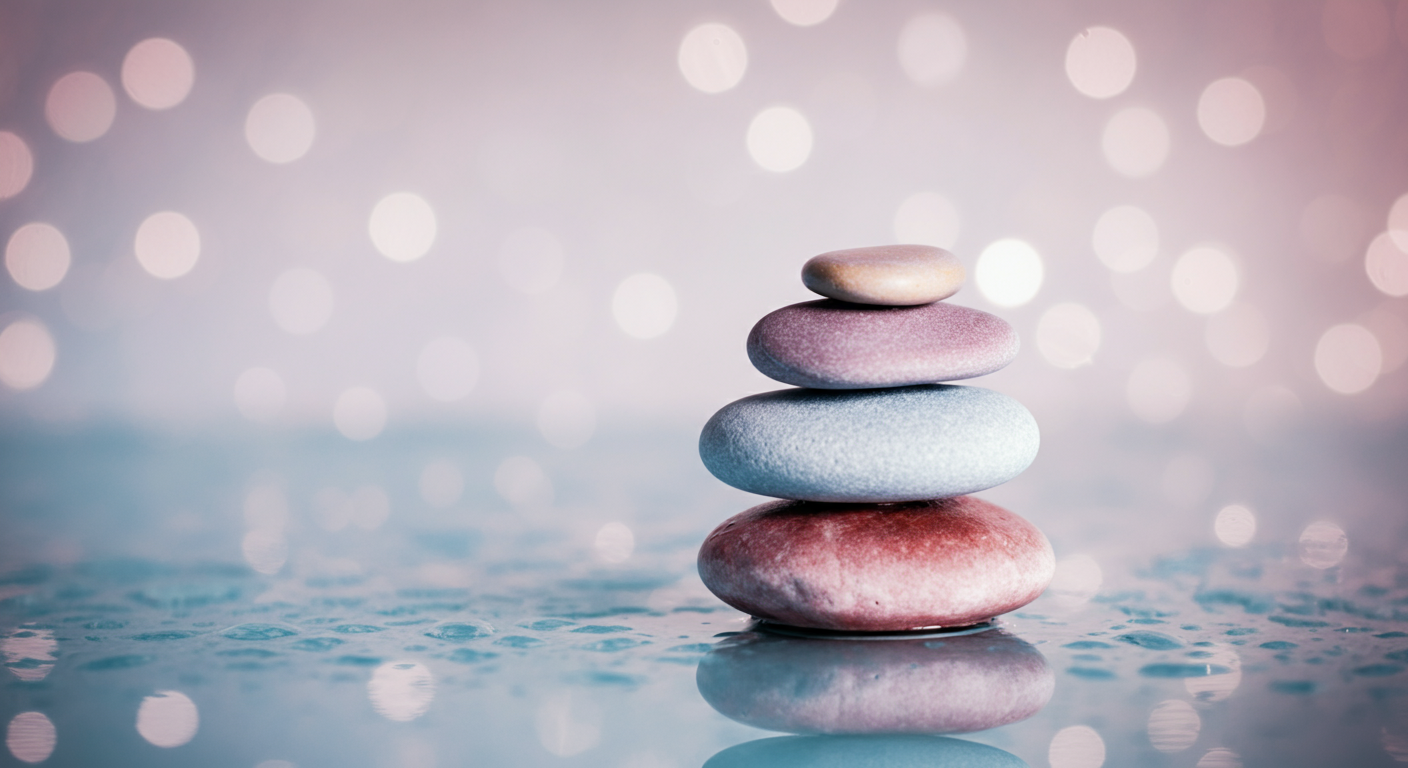 穏やかな水面に、パステルカラーの石が3つ、絶妙なバランスで積み重なっている写真。