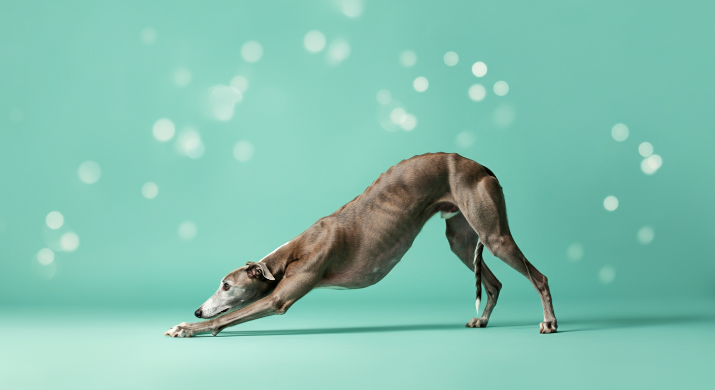 ミントグリーンの背景で、ヨガのポーズのように優雅にストレッチをしている一匹のグレイハウンド。
