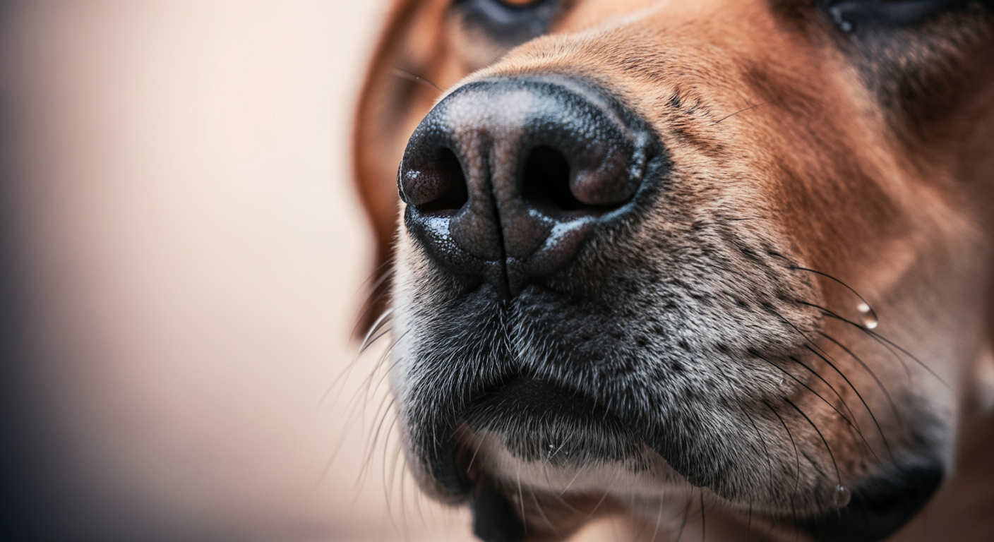 大型犬の濡れた鼻の超クローズアップ写真。鼻の質感と水滴にピントが合っており、暑さを感じさせる抽象的なイメージ。
