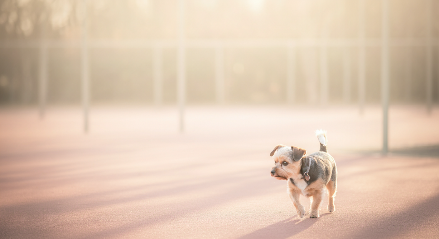 誰もいない広々としたドッグランを、一匹の犬が自由に探検している。