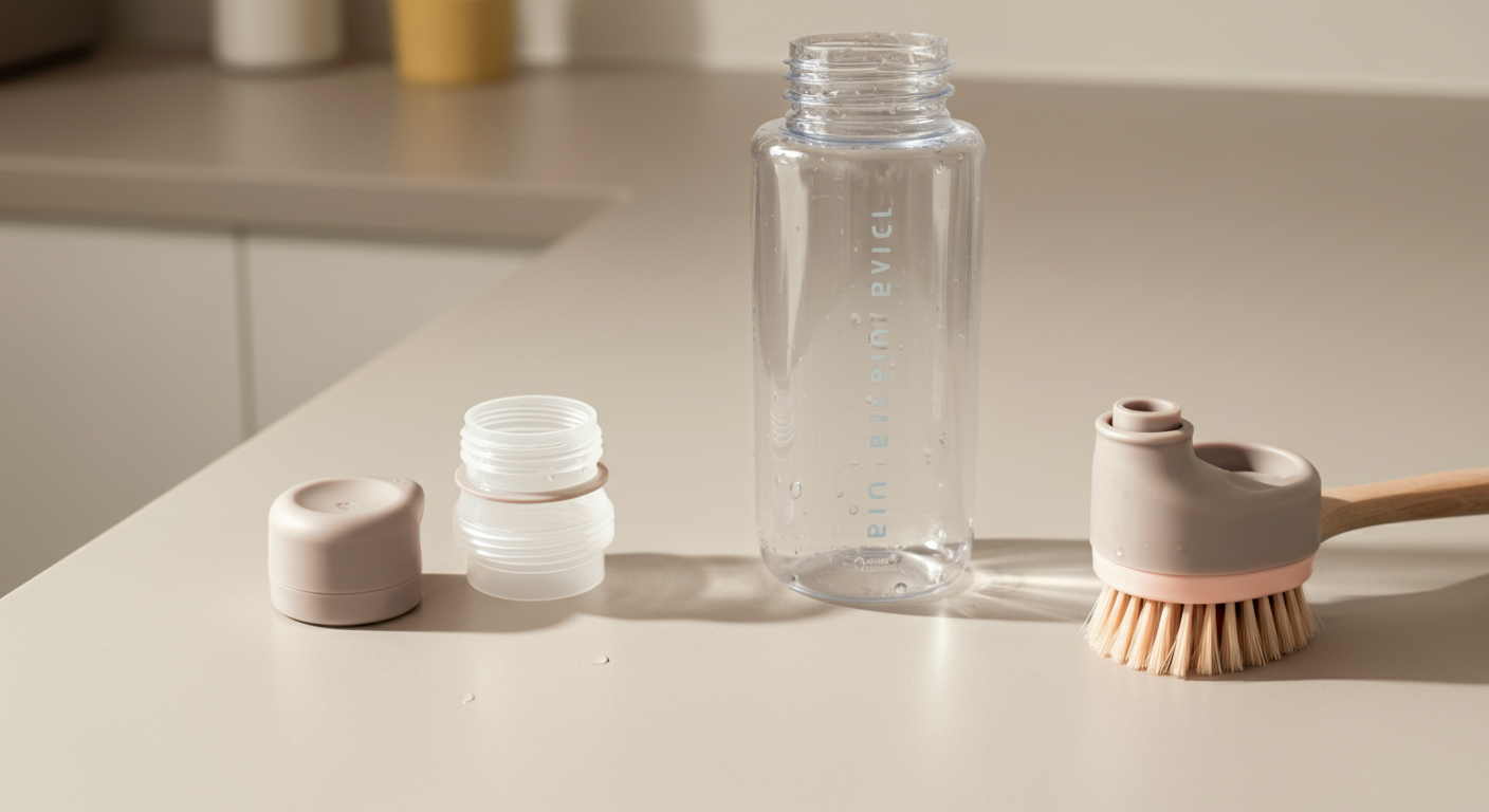 パーツごとに分解され、きれいに並べられた給水ボトルと洗浄ブラシ