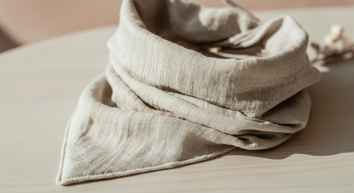 リネンのような質感の、ナチュラルなオートミール色のクールネックの生地のクローズアップ。