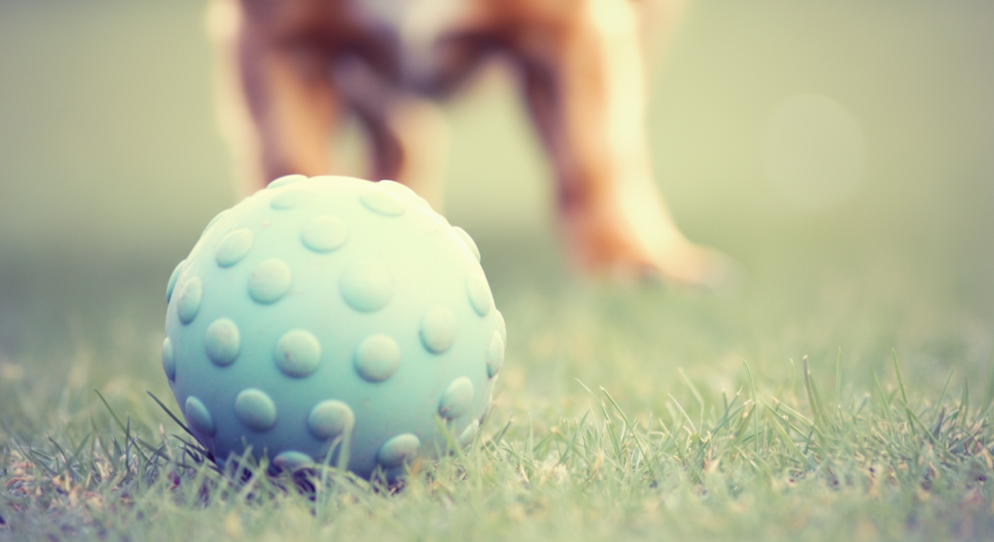 芝生の上を転がるボールと犬の足