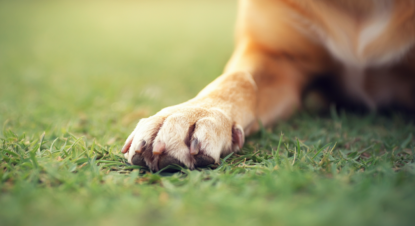 朝日が長い影を落とす緑の草の上に、犬の足がそっと置かれている。穏やかさと本能を感じさせる写真。