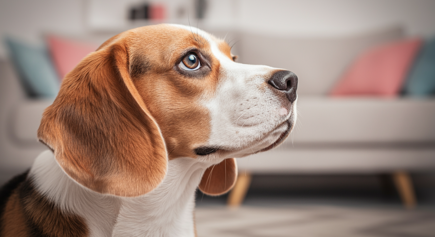 飼い主を心配そうに見上げる犬の横顔のクローズアップ。パステルカラーの背景。