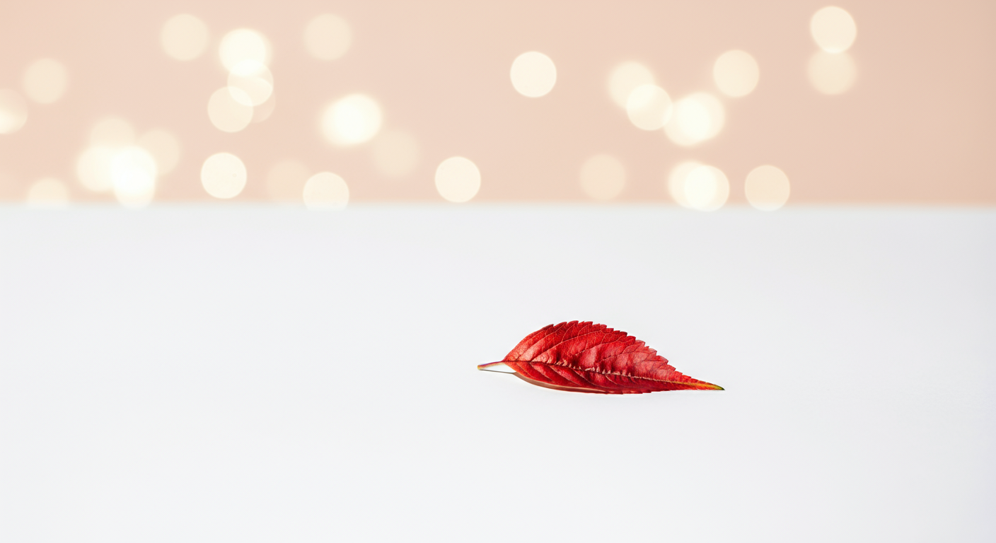 白い背景に置かれた一枚の赤い葉。虫が媒介する病気の深刻さを象徴する写真。