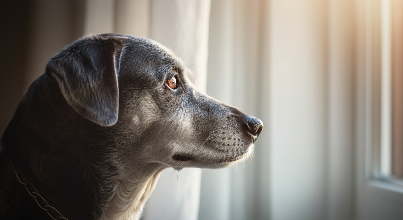 窓の外を穏やかに眺めるシニア犬の横顔のシルエット