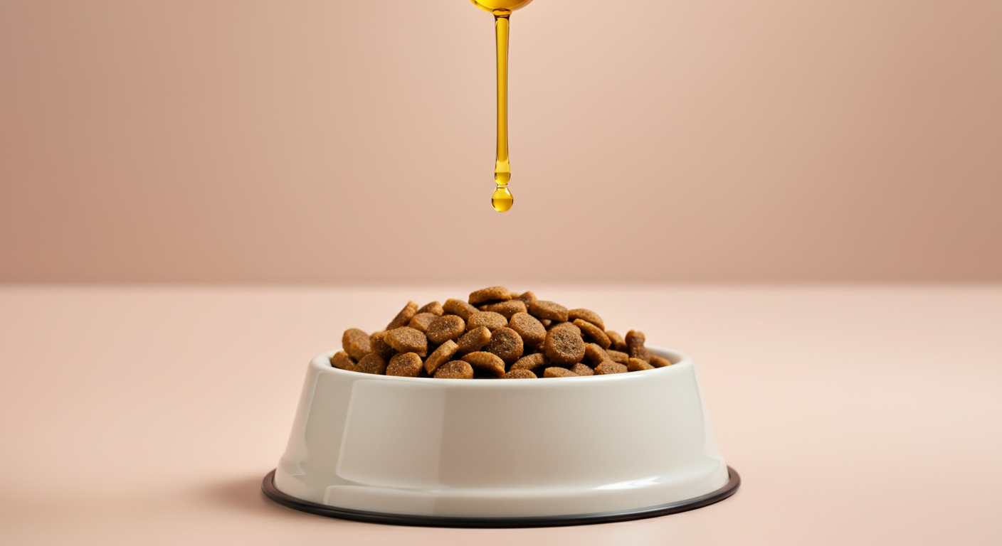 ドッグフードが入ったボウルに、上からサーモンオイルが一滴落ちる瞬間を捉えた写真。