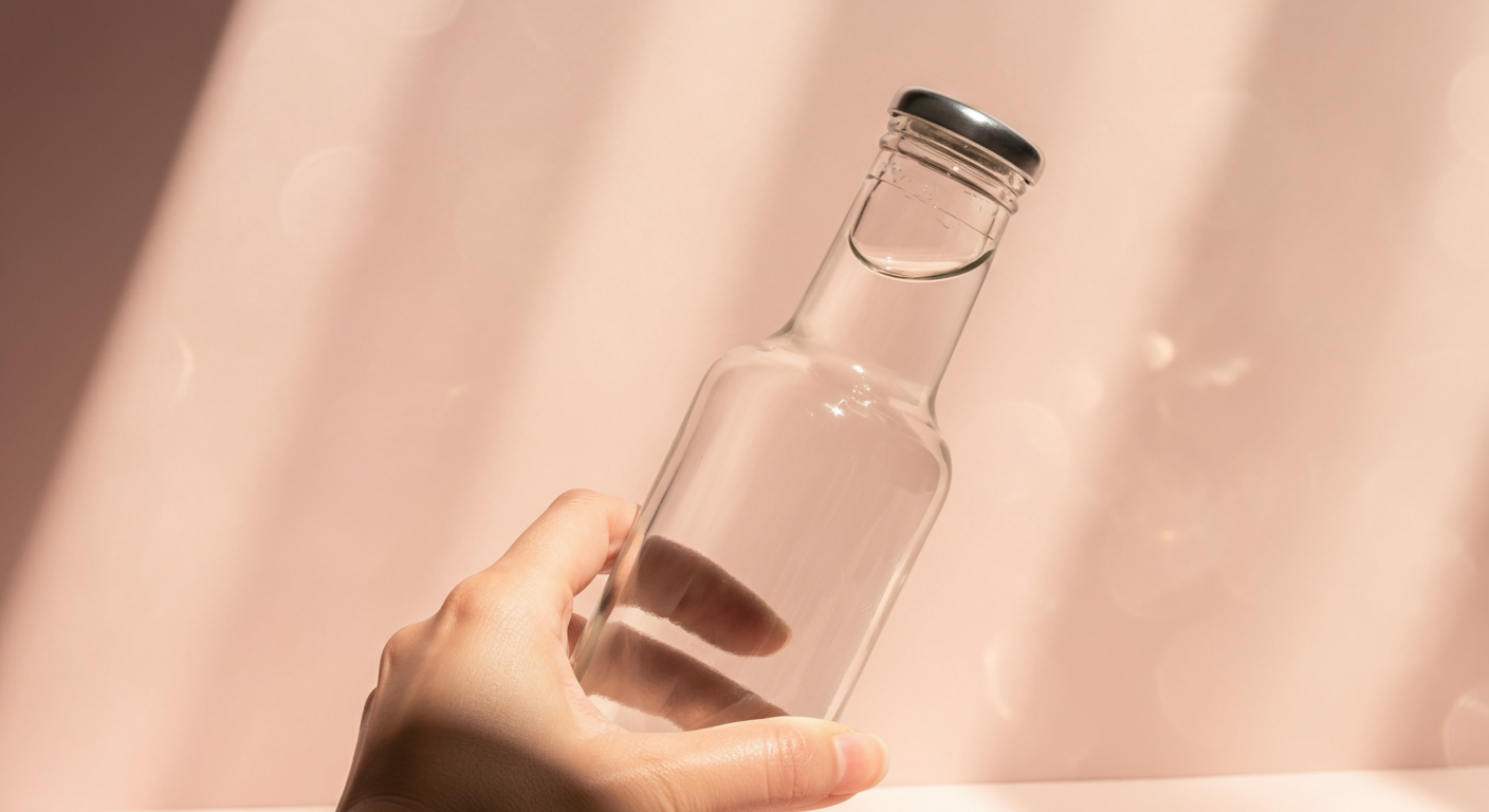 光にかざされ、中の液体がキラキラと輝く透明なガラス瓶。情報の透明性を表現している。