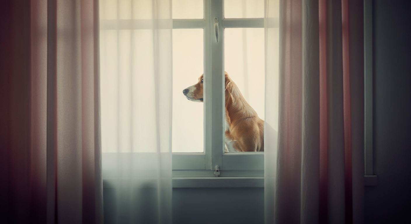 窓の外を眺めている犬の後ろ姿。静かな部屋の雰囲気。