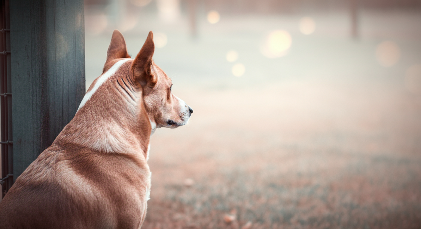 ドッグランのフェンス際で、広場を静かに眺めている犬の後ろ姿