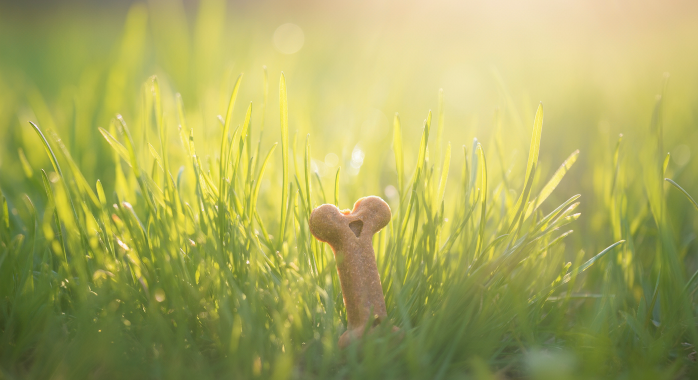 緑の芝生の葉の間に、宝物のように隠された一粒のドッグフードのマクロ写真。