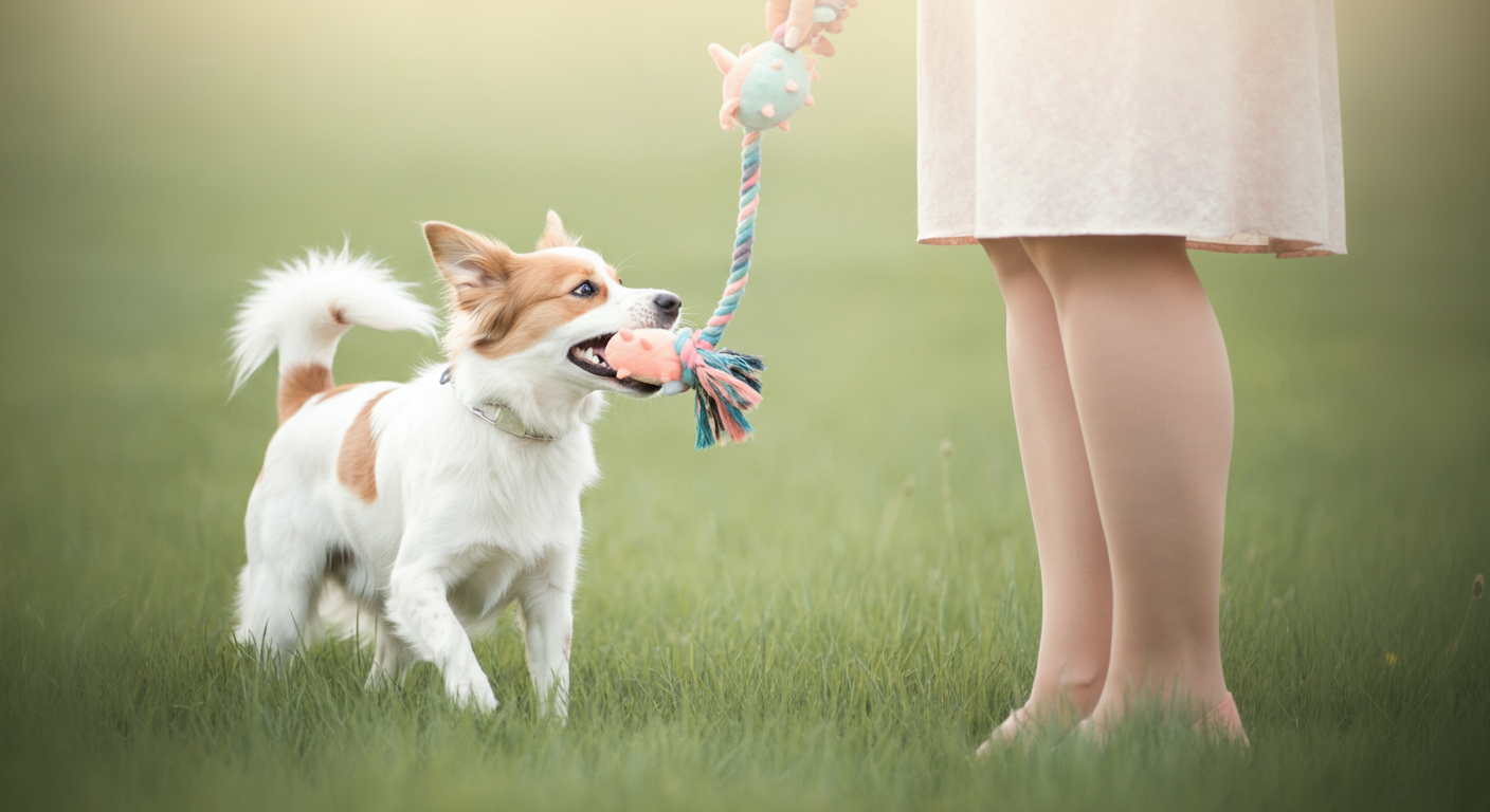 ドッグランの隅で、飼い主と一対一でおもちゃ遊びに集中している犬