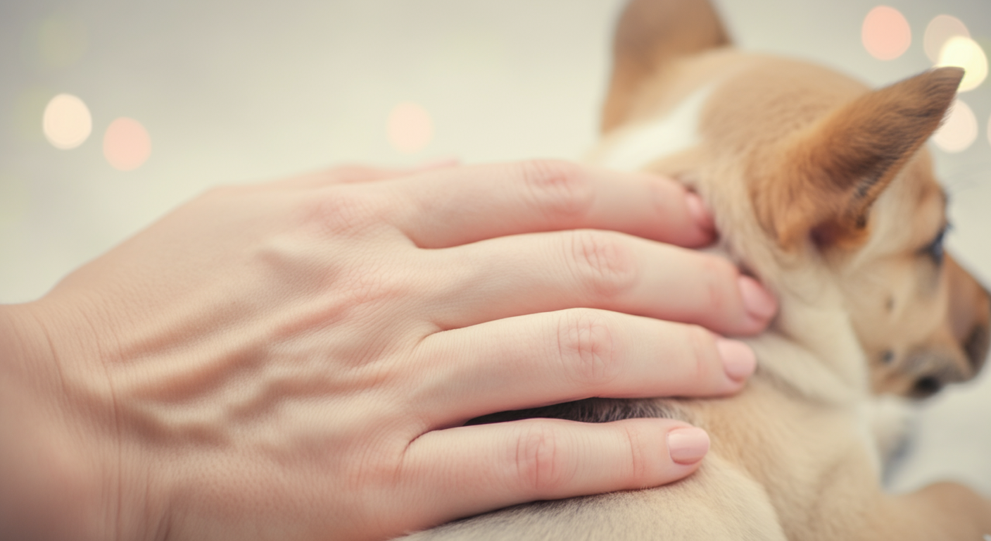 飼い主の手が子犬の背中を優しく撫でている、信頼関係を示すクローズアップ写真。