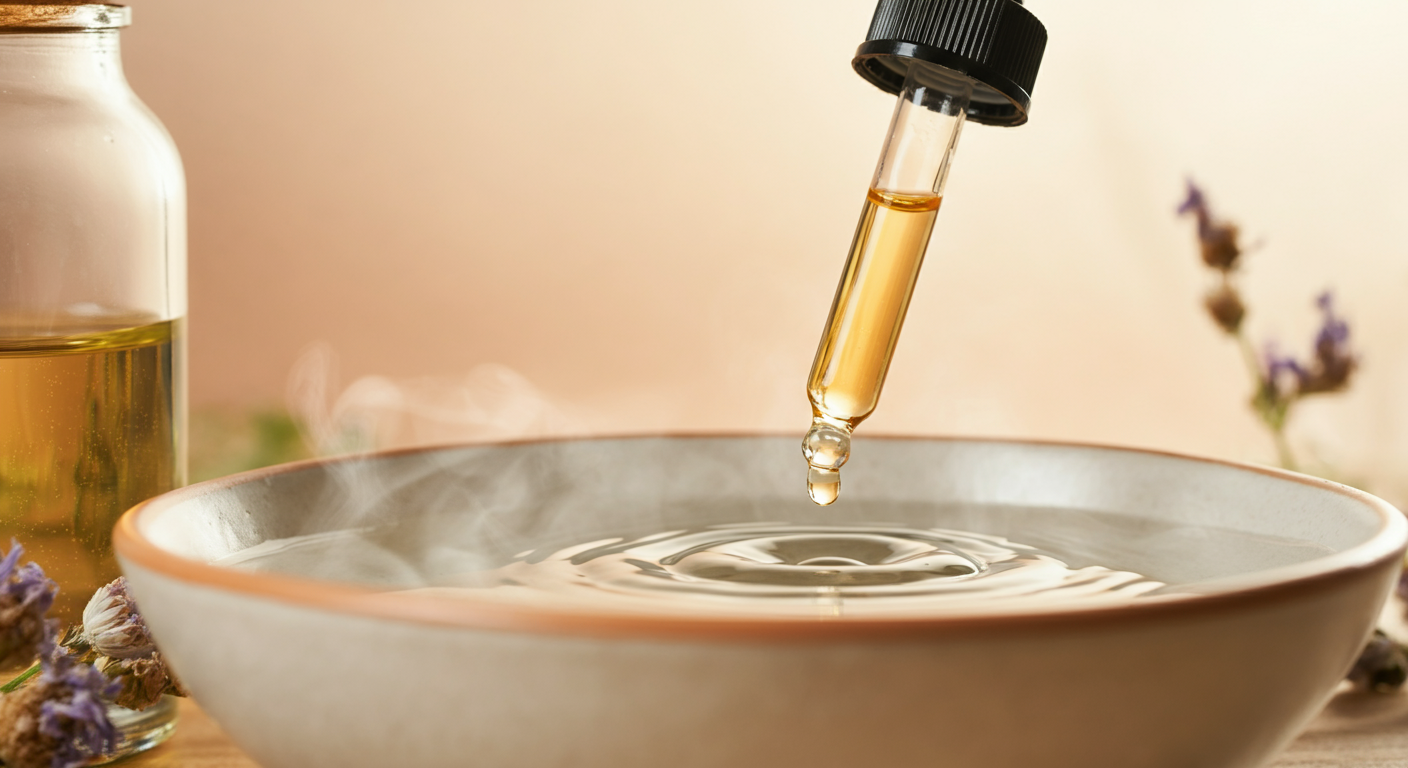 ハーブを浸したお湯のボウルに、スポイトから金色のエッセンシャルオイルが一滴落ちている。