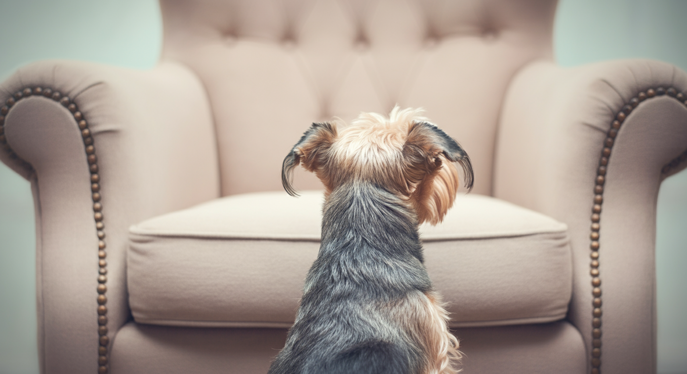 飼い主の空の椅子をじっと見上げている小さな犬の後ろ姿