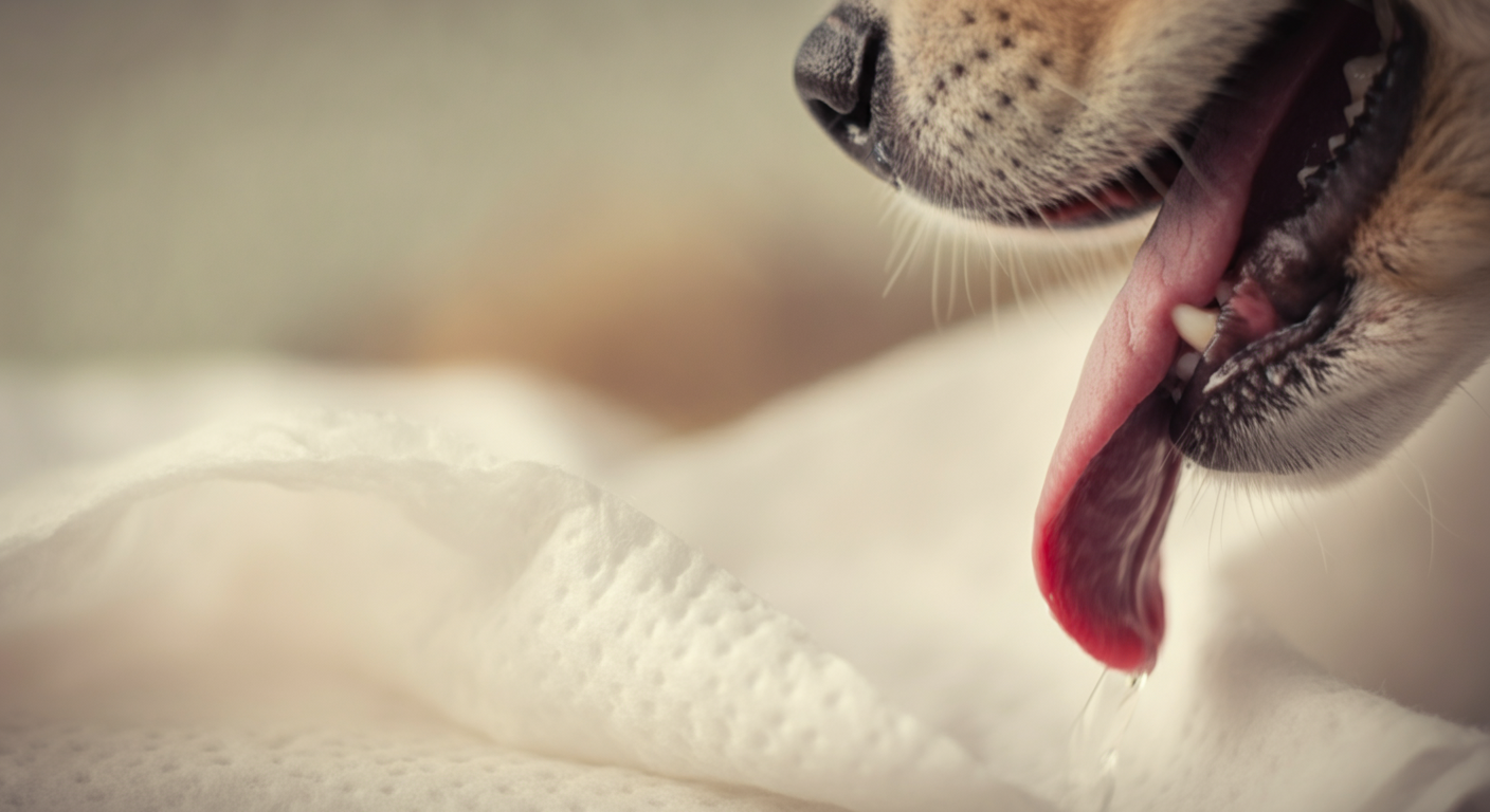 ウェットティッシュの柔らかい繊維の質感がわかるマクロ撮影。背景には水を飲んだ後の犬の口元がぼけて写っている。