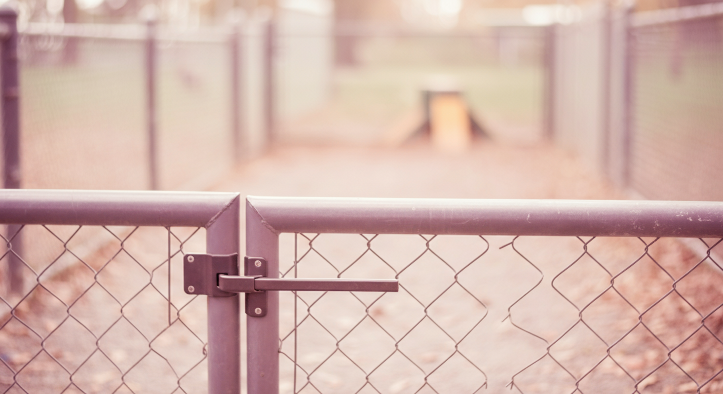 ドッグランの二重扉の入り口。手前のゲートの鍵にピントが合っており、安全管理の重要性を示唆している。