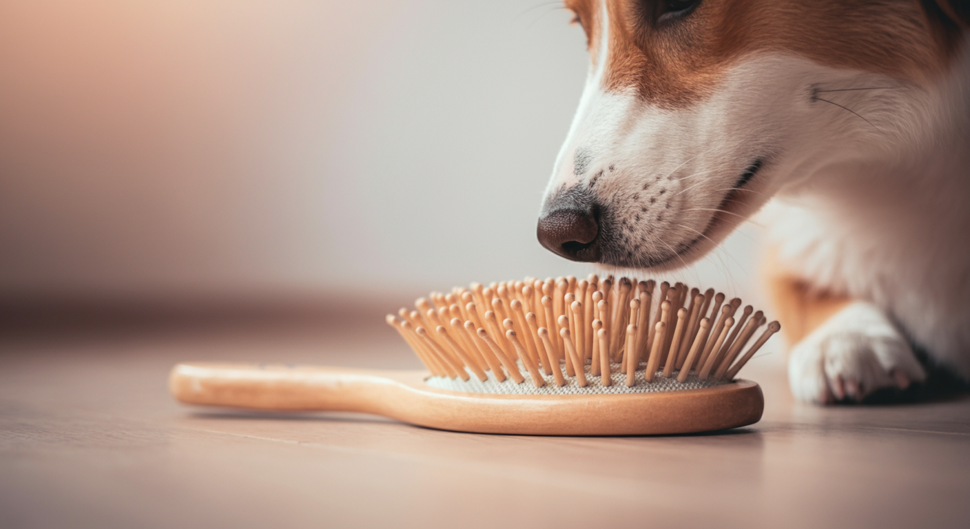 パステルカラーの床に置かれた木製のブラシを、犬が鼻先でくんくんと匂いを嗅いでいる様子のクローズアップ写真。