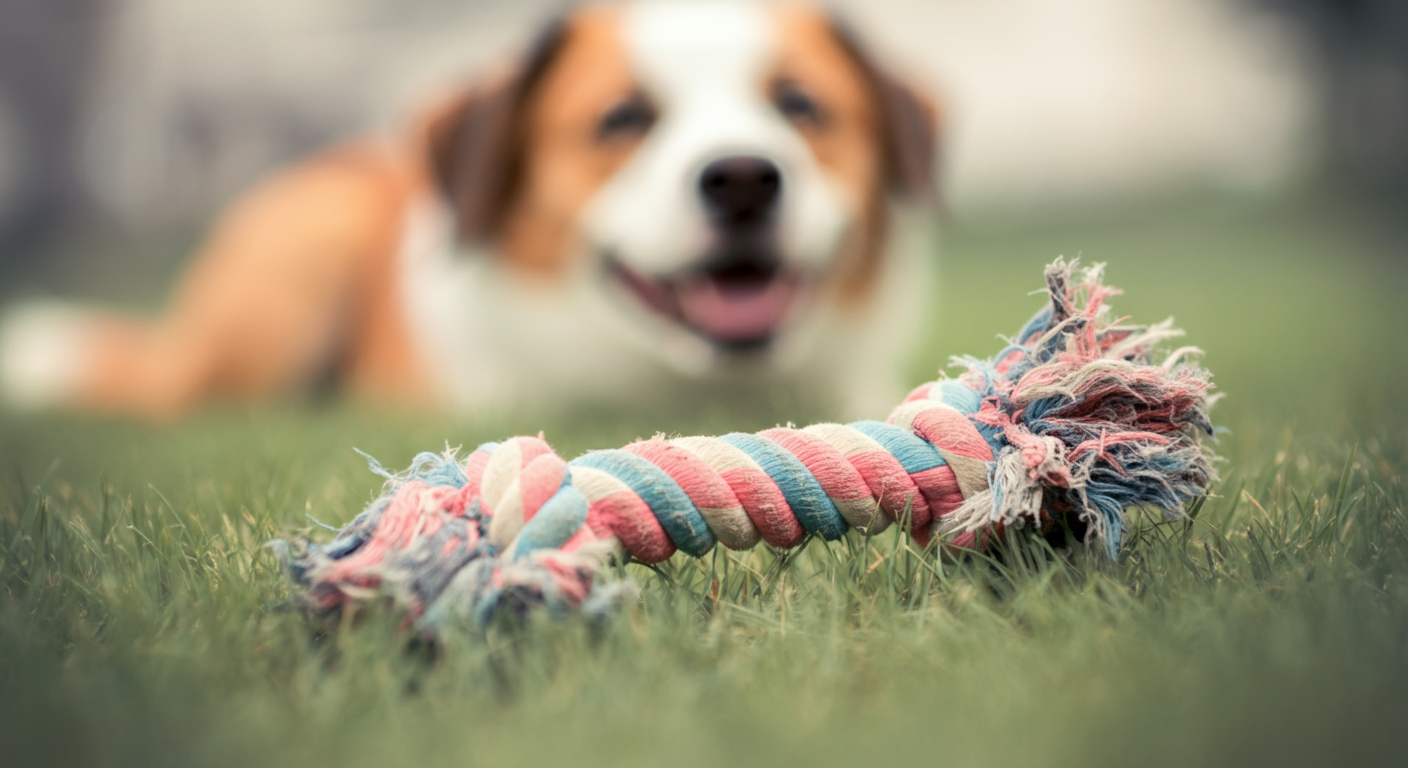 芝生の上に置かれたカラフルな犬用おもちゃのクローズアップ。