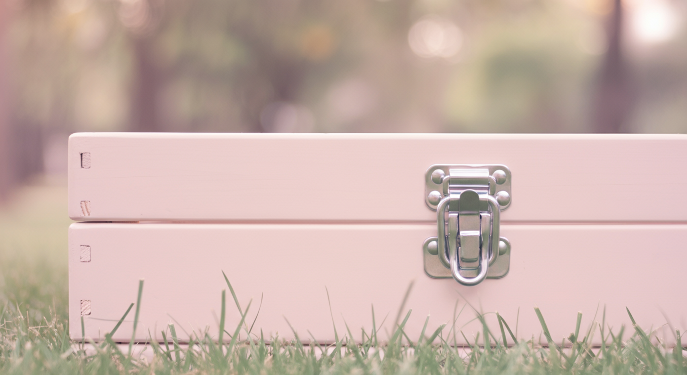 緑の芝生の上に置かれたパステルカラーのクレート。安全を象徴するように、クレートの丈夫な留め具に焦点が合っている。