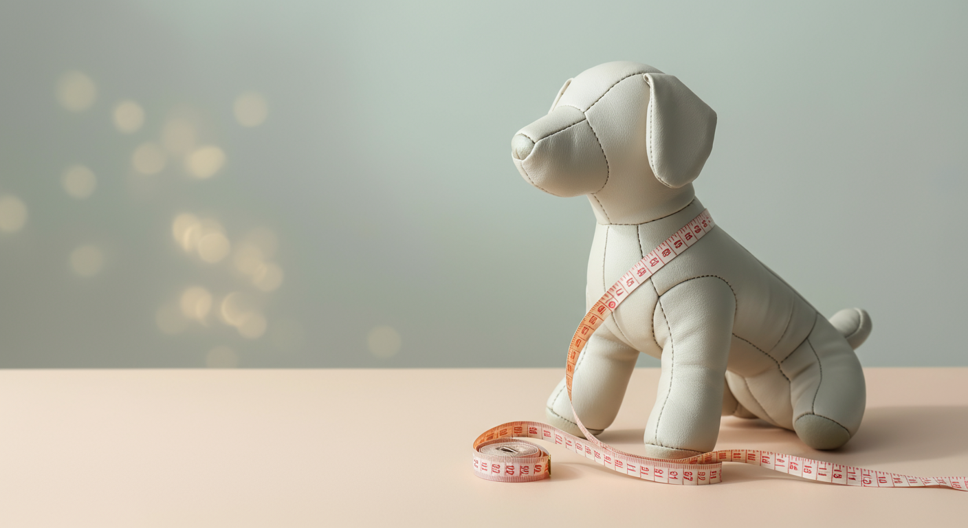 犬のマネキンに、パステルカラーのメジャーが優しく巻き付けられている抽象的な写真。