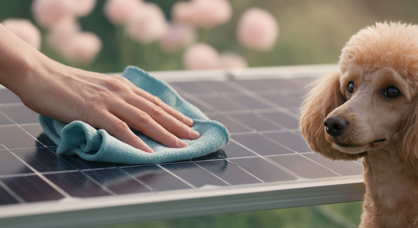 ソーラーパネルを柔らかい布で清掃している手と、それを見上げる犬