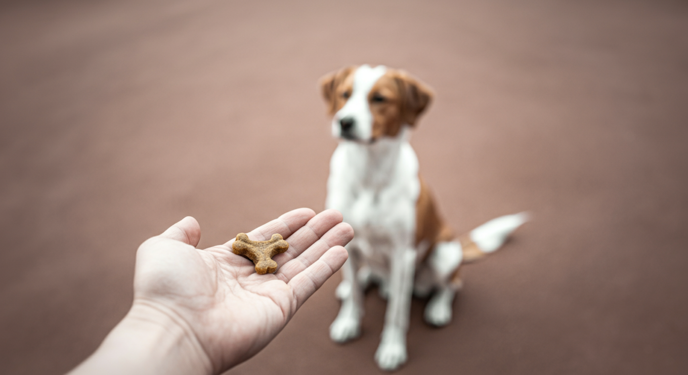 飼い主の手のひらに乗った特別な犬用おやつ。背景にはお座りして待つ犬がぼけて写っている。