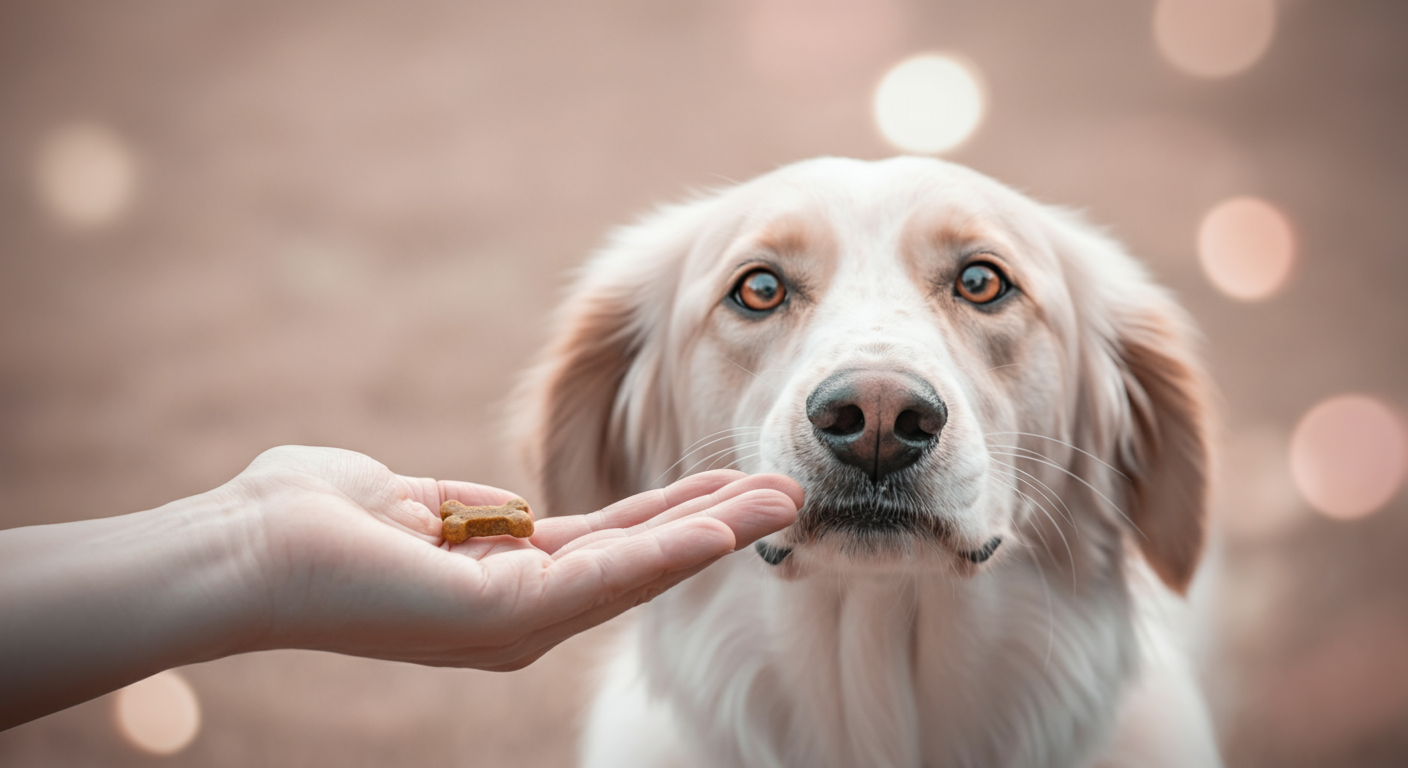 人の手のひらに乗せられた犬用のおやつ。背景にはぼやけた犬の顔が近づいている。