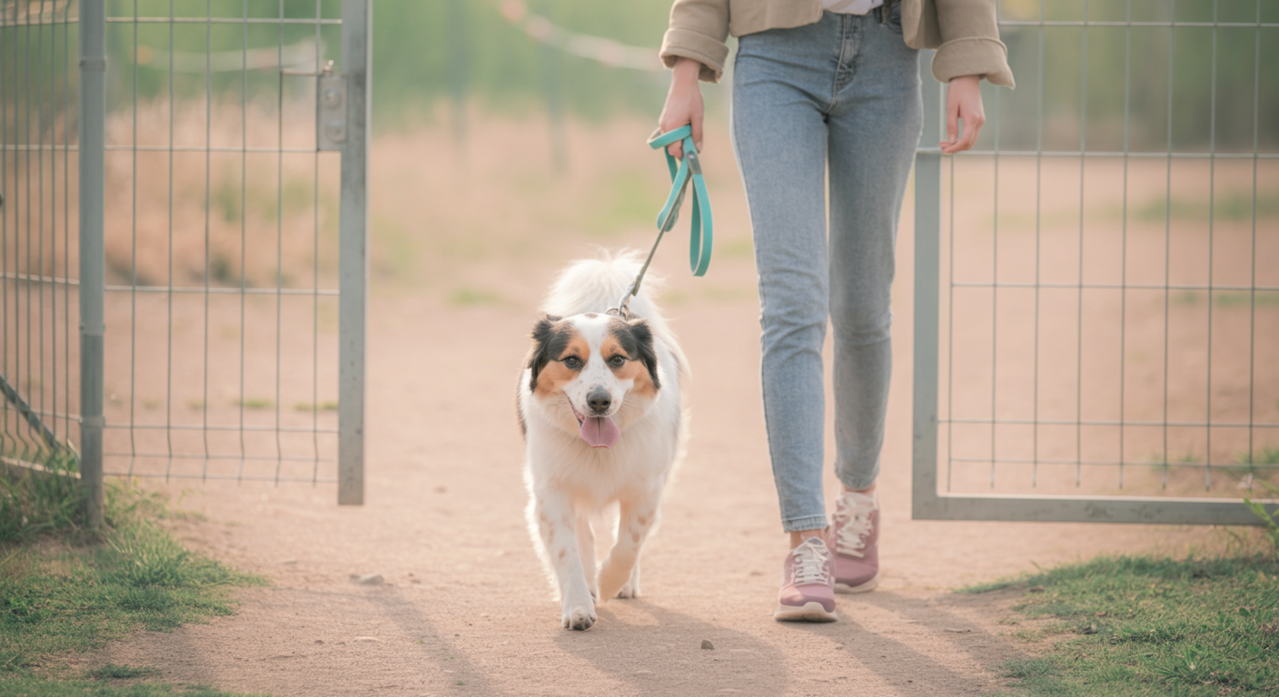 ドッグランの出口のゲートから、飼い主と並んで落ち着いて出ていこうとする犬とリードを持つ手。
