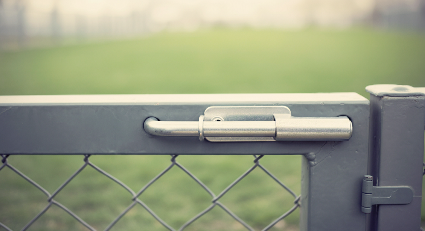早朝のドッグランの入り口のドアノブと、その奥に広がる誰もいない広場の風景。
