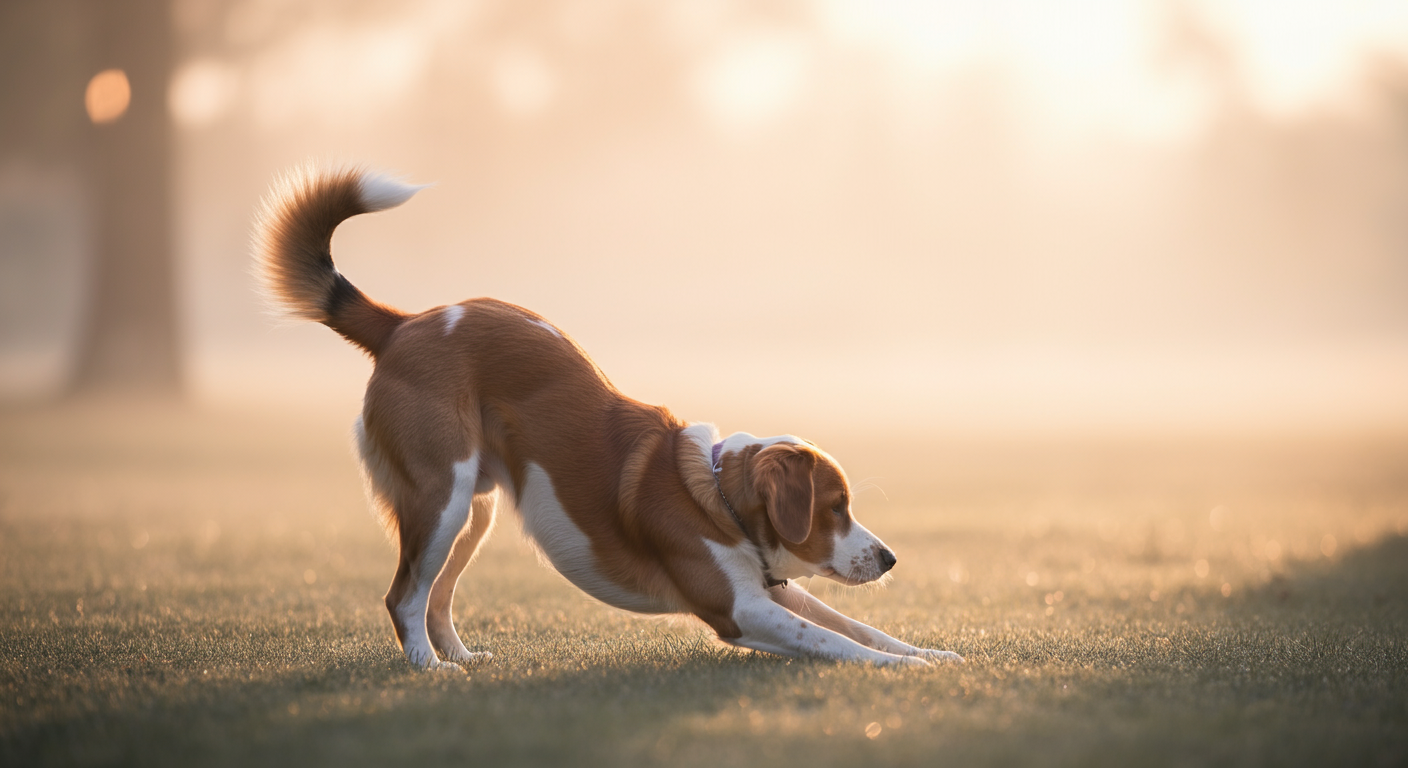 朝日の中で、これから遊ぶぞ、というように伸びをしている犬の美しいシルエット。