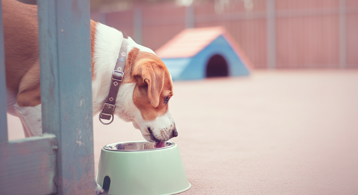 ドッグランの静かな隅で、犬が携帯用のボウルから落ち着いて水を飲んでいる。背景のドッグランは大きくぼけている。