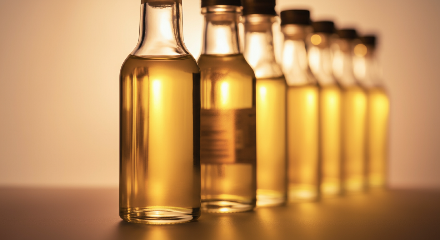 パステルカラーの背景に、亜麻仁油のガラス瓶が数本並んでおり、そのうちの一本だけにピントが合っている。光が透過し、オイルの純粋さが強調されている。
